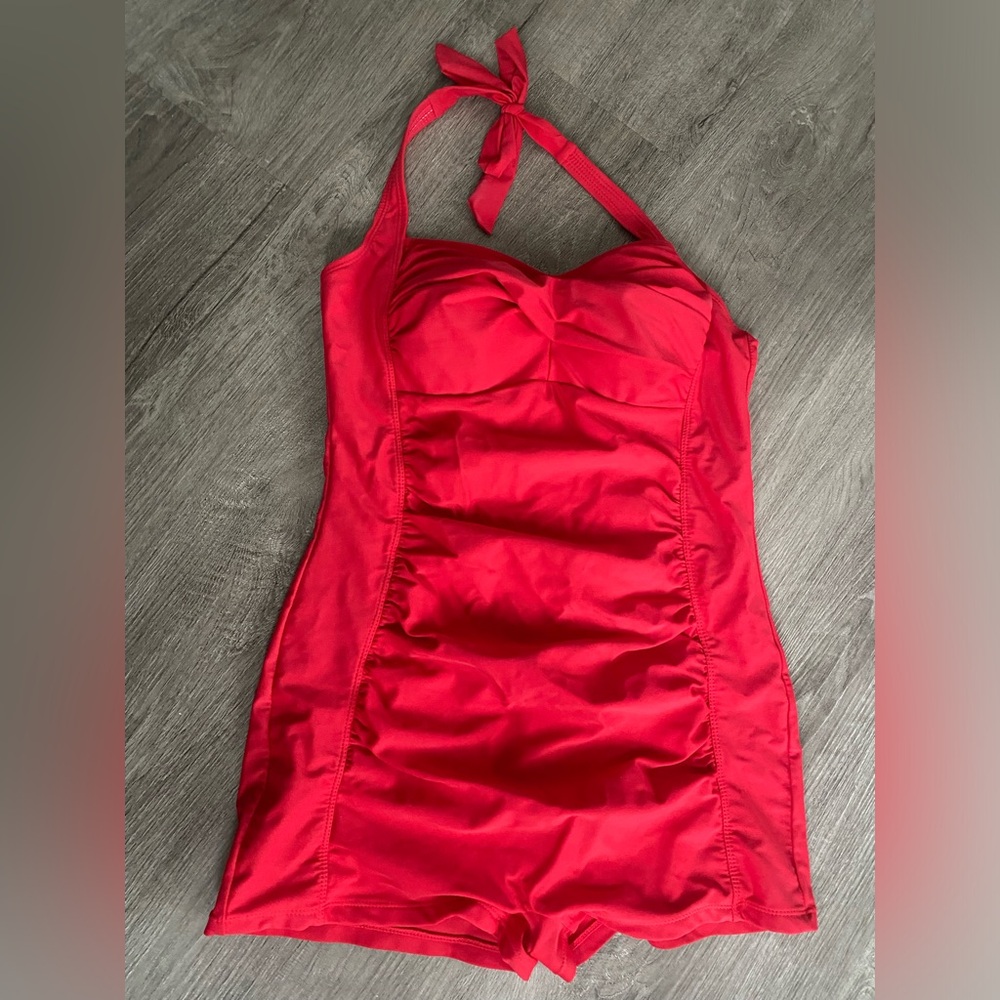 Red halter ruched retro one piece swimsuit